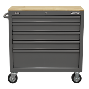 American PRO® Mobile Workstation with Wooden Worktop 5 Drawer - Grey
