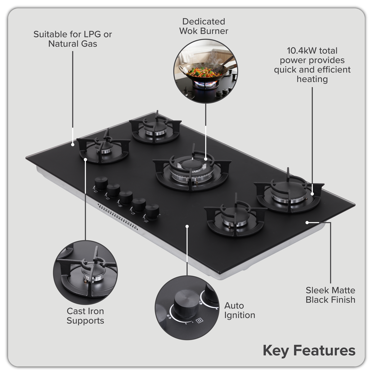 Baridi 90cm Gas Hob Matt Black 5 Burners Cast Iron Supports & Auto Ignition 10.4kW