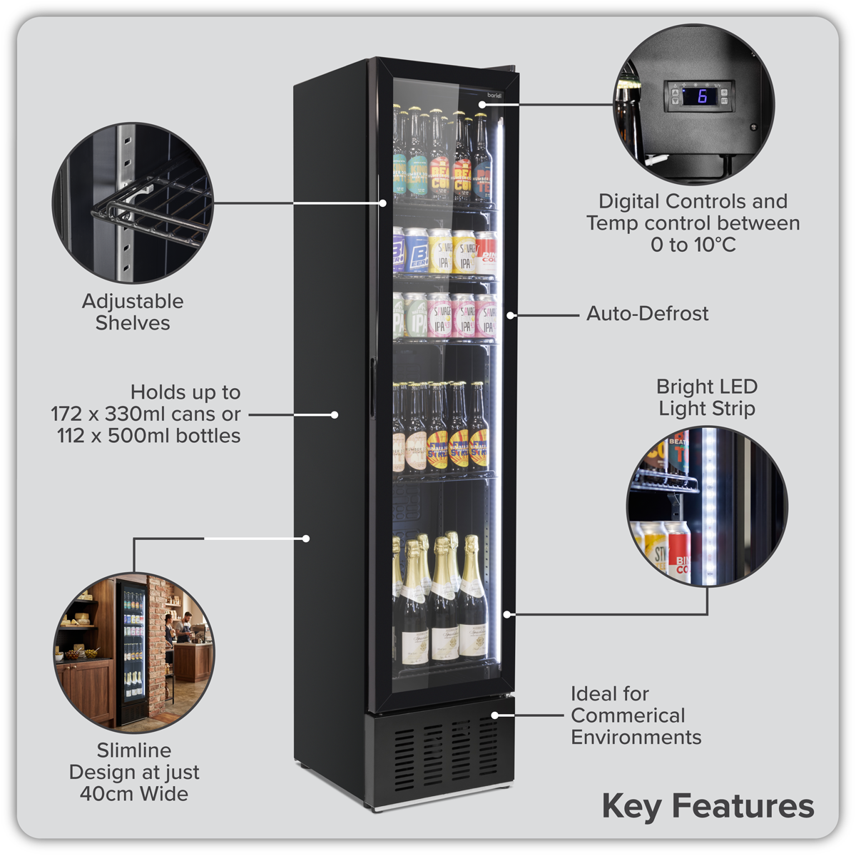 Baridi Tall Drinks Fridge with Digital Controls & Auto Defrost 160L Black (DH440)