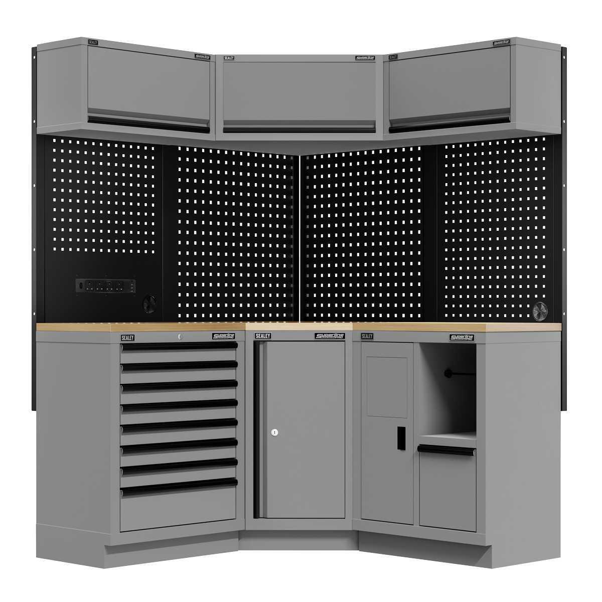 Superline PRO® Black Edition Corner Storage System with Rubber Wood Worktop 1.54m (APMSBESTACK06W)