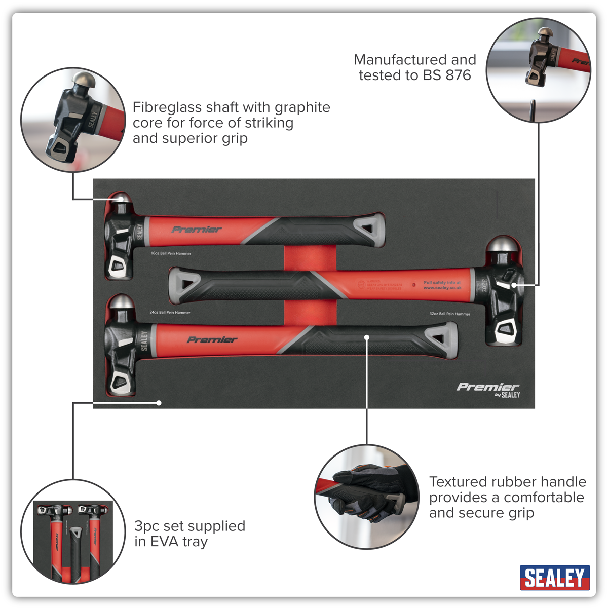 Premier Ball Pein Hammer Set with Fibreglass Shafts 3pc