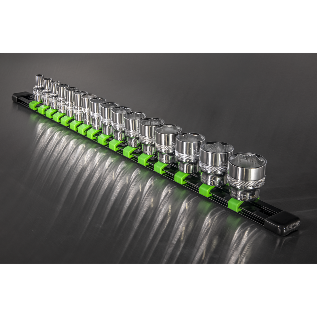 Premier Socket Retaining Rail with 16 Clips, 3/8"Sq Drive, Hi-Vis Green (AK27053HV)