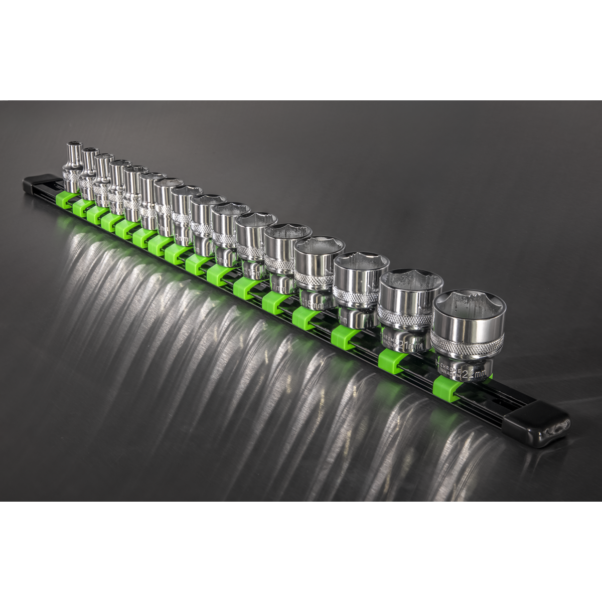 Premier Socket Retaining Rail with 16 Clips, 3/8"Sq Drive, Hi-Vis Green (AK27053HV)