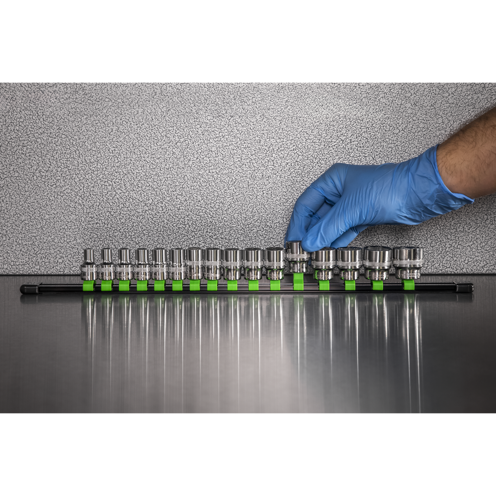 Premier Socket Retaining Rail with 16 Clips, 3/8"Sq Drive, Hi-Vis Green (AK27053HV)