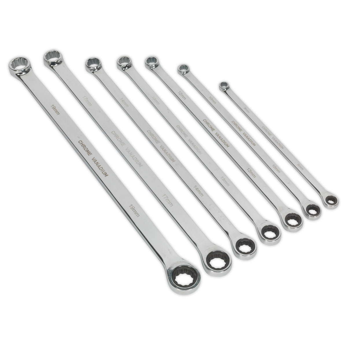 Premier Extra-Long Double Ring Ratchet/Fixed Spanner Set 7pc