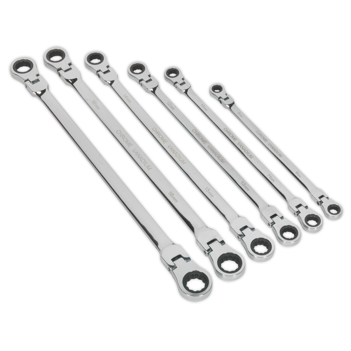 Premier Extra-Long Flexi-Head Double End Ratchet Ring Spanner Set 6pc