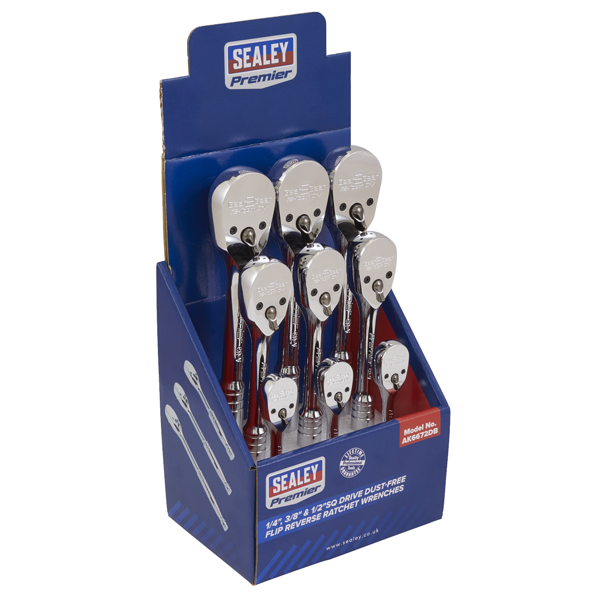 Premier Pear-Head Ratchet Wrenches with Flip Reverse 1/4", 3/8" & 1/2"Sq Drive - Display Box of 9