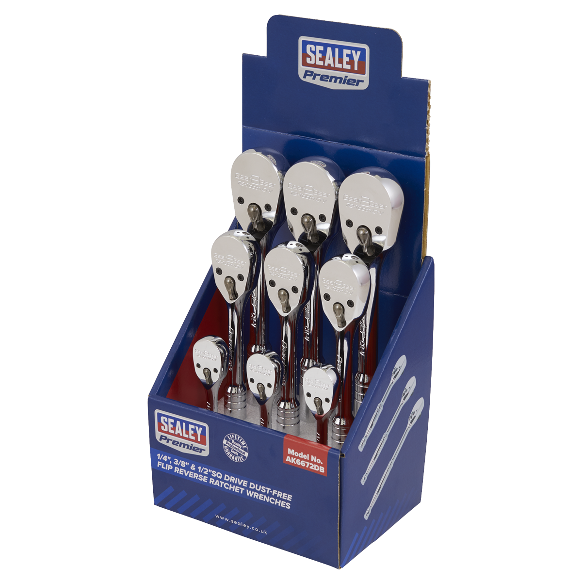 Premier Pear-Head Ratchet Wrenches with Flip Reverse 1/4", 3/8" & 1/2"Sq Drive - Display Box of 9