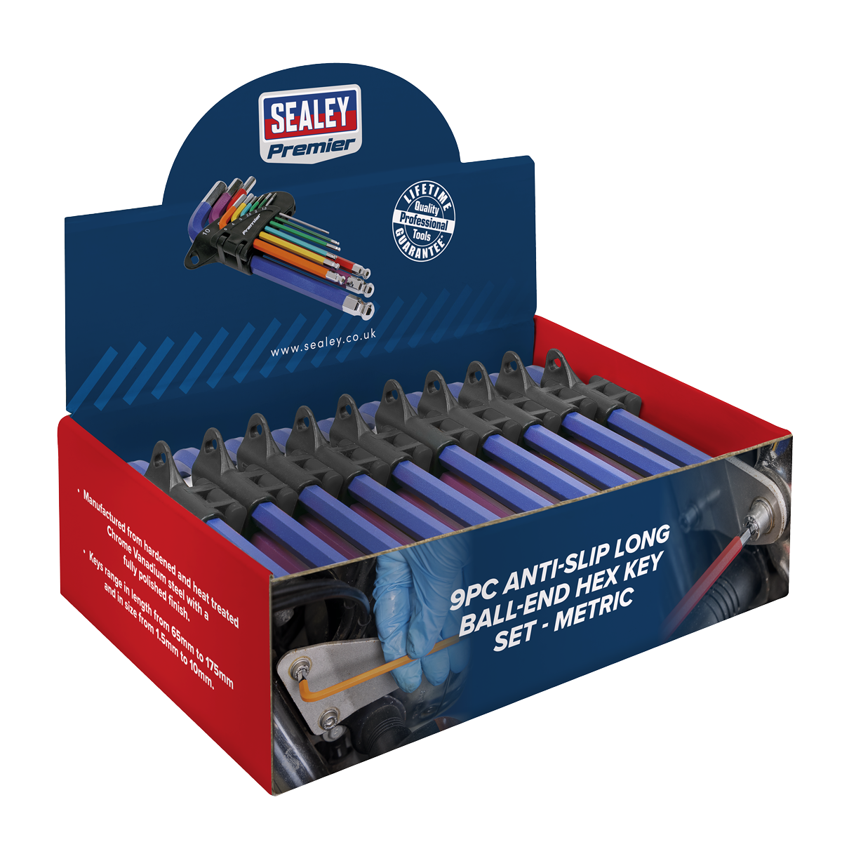 Premier Long Colour-Coded Ball-End Hex Key Set 9pc - Display Box of 10