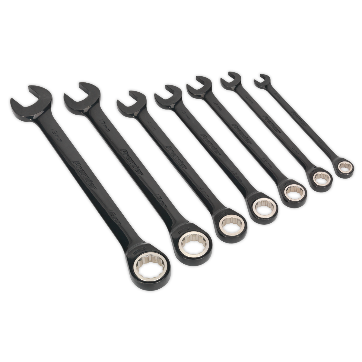 Premier Black Combination Ratchet Spanner Set 7pc