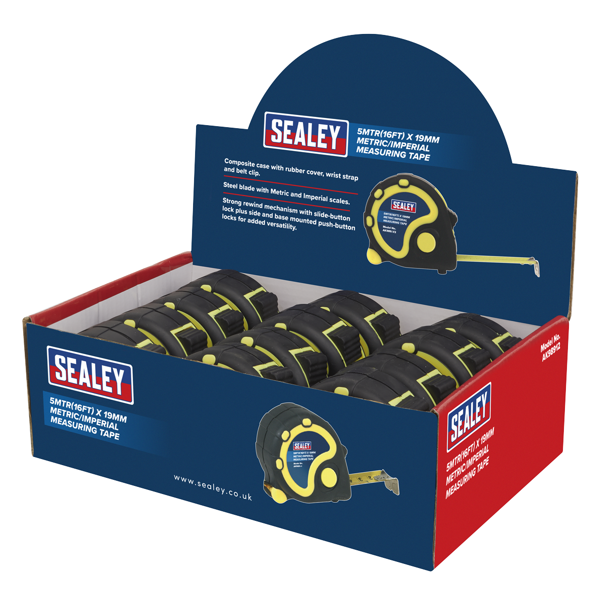Metric/Imperial Rubber Tape Measure 5m(16ft) x 19mm - Display Box of 12