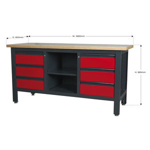Workbench with 6 Drawers & Open Storage