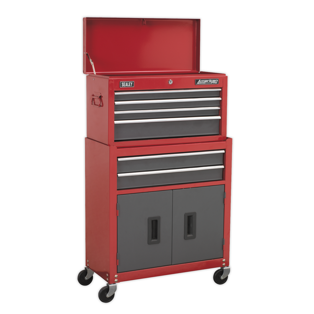 American PRO® Topchest, Mid-Box & Rollcab Stack, 9 Drawer, Red/Grey (AP2200BBSTACK)