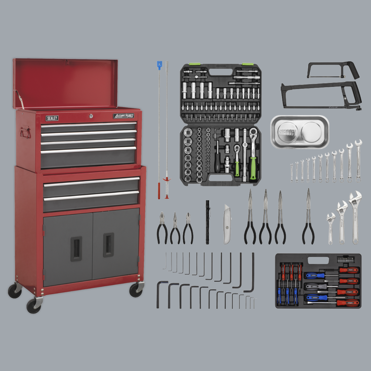 Sealey AP2200BBCOMBO American Pro Topchest & Rollcab Combination with 170 Piece Tool Kit, 6 Drawer, Red/Grey