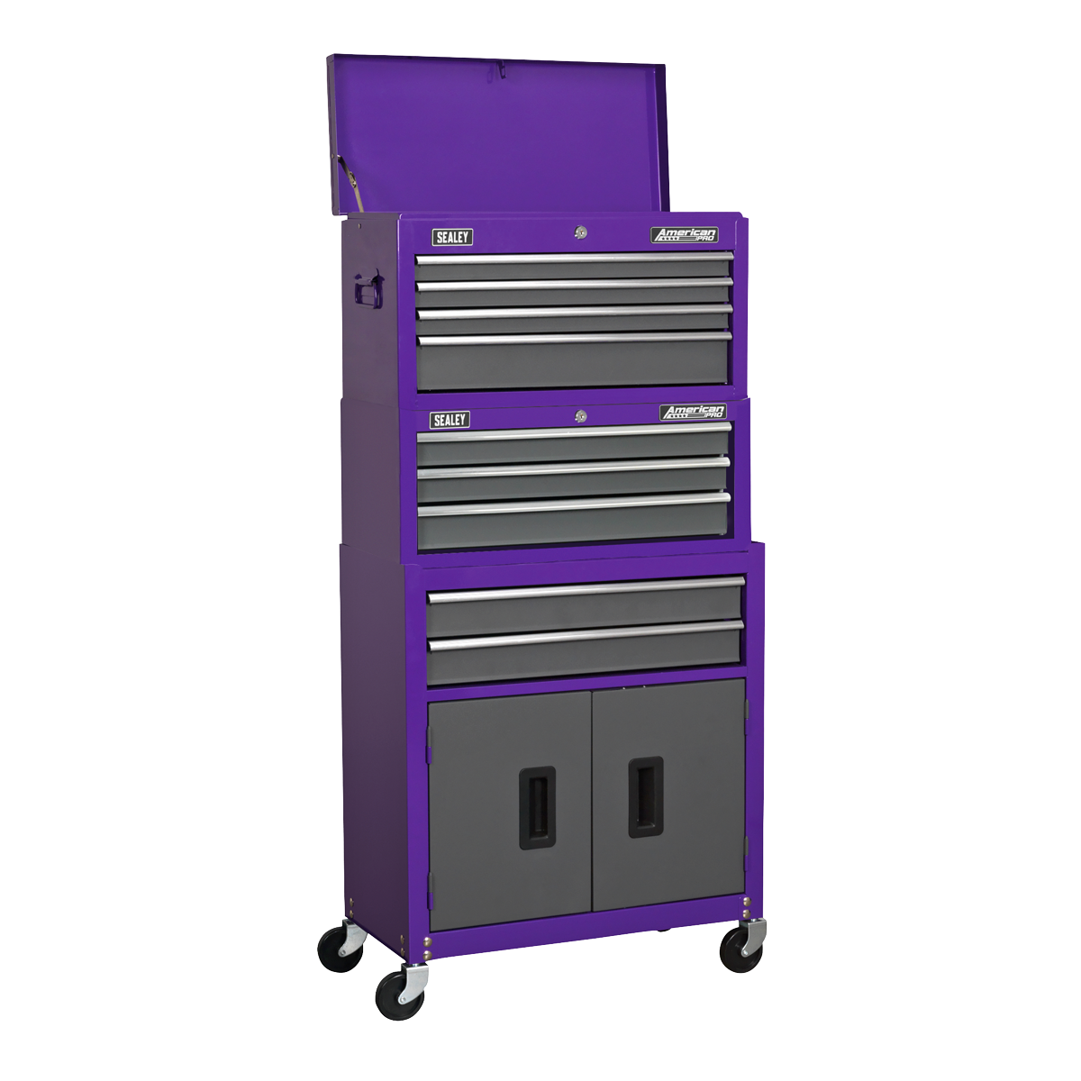 American PRO® Topchest, Mid-Box Tool Chest & Rollcab Stack 9 Drawer - Purple