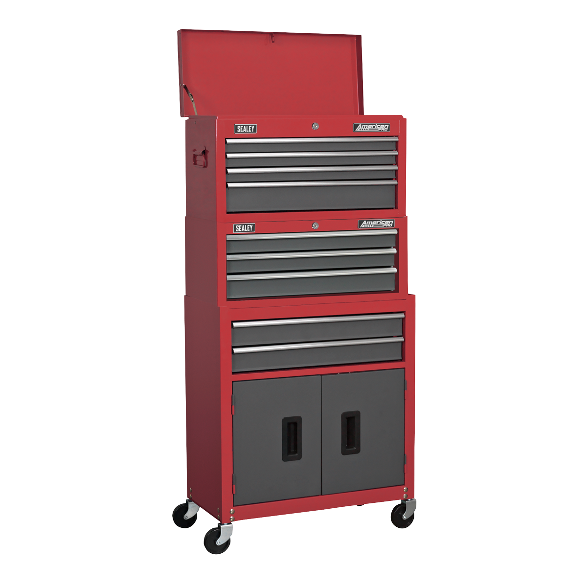 American PRO® Topchest, Mid-Box Tool Chest & Rollcab Stack 9 Drawer - Red