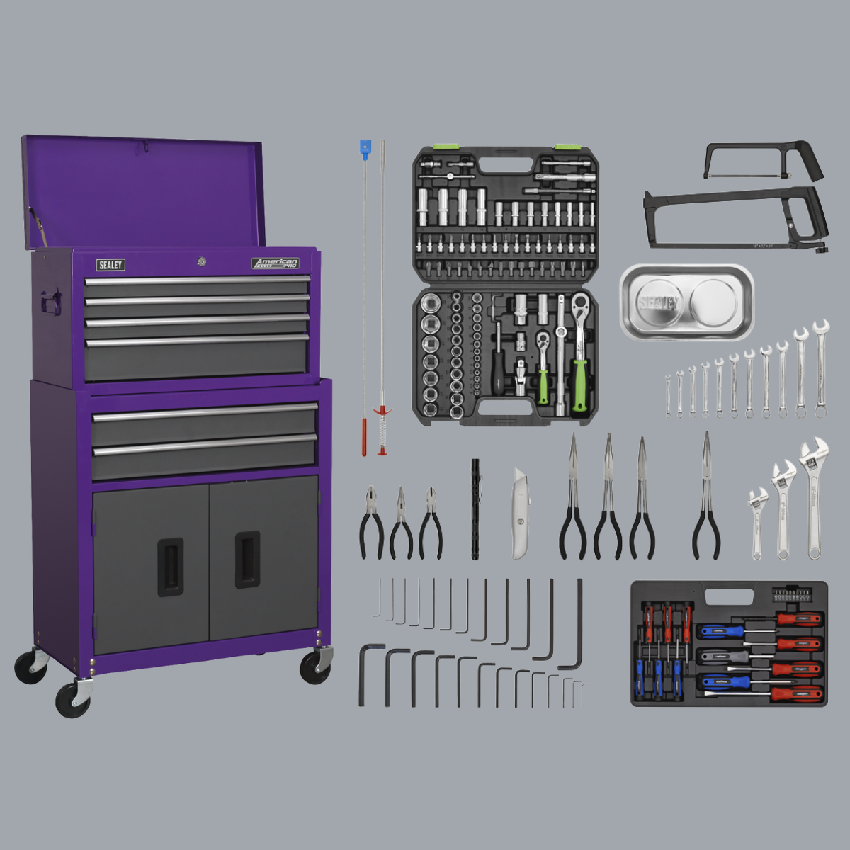 Sealey AP2200BBCOMBOCP American Pro Topchest & Rollcab Combination with 170 Piece Tool Kit, 6 Drawer, Purple/Grey