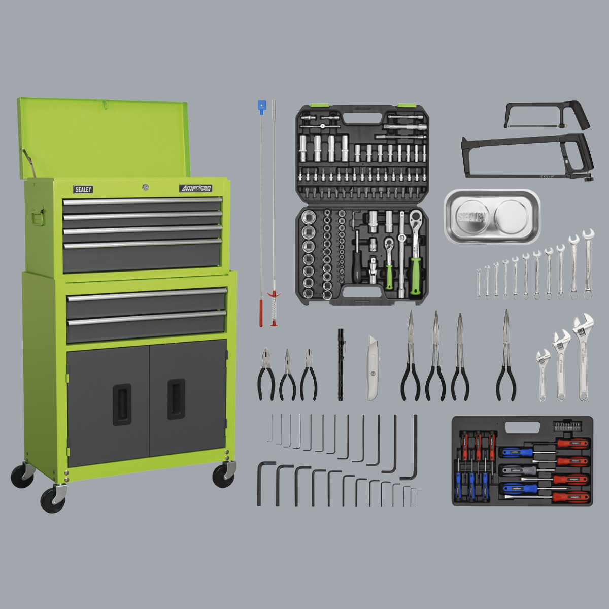 Sealey AP2200BBCOMBOHV American Pro Topchest & Rollcab Combination with 170 Piece Tool Kit, 6 Drawer, Green/Grey