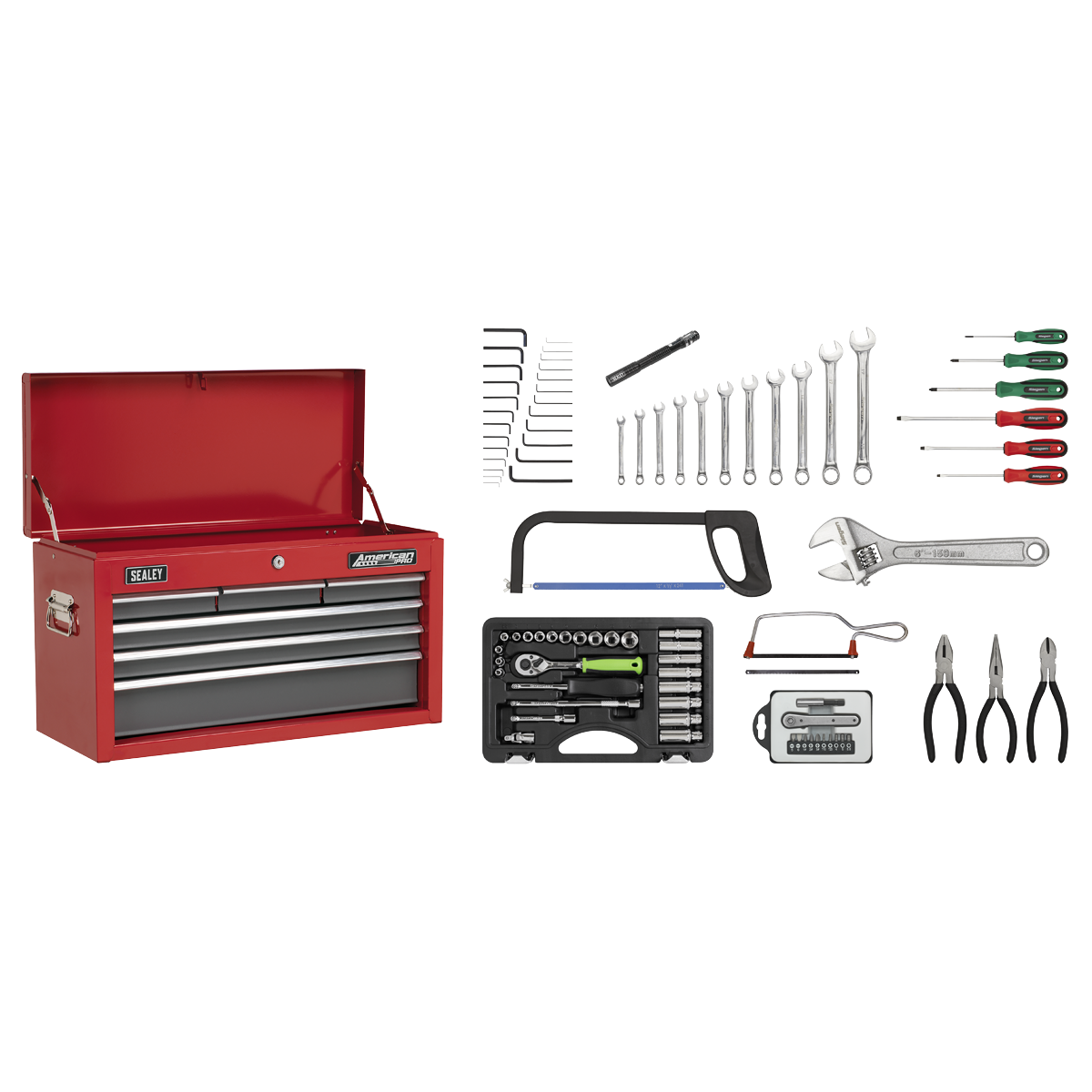 American PRO® Topchest with Tool Kit, 6 Drawer, Red/Grey (AP2201BBCOMBO)