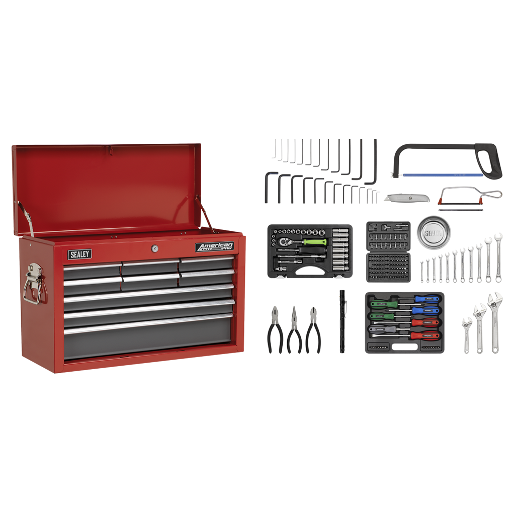 American PRO® Topchest 9 Drawer with 205pc Tool Kit - Red/Grey