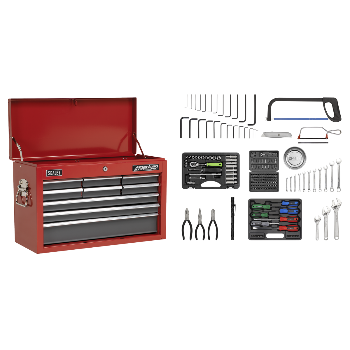 American PRO® Topchest 9 Drawer with 205pc Tool Kit - Red/Grey