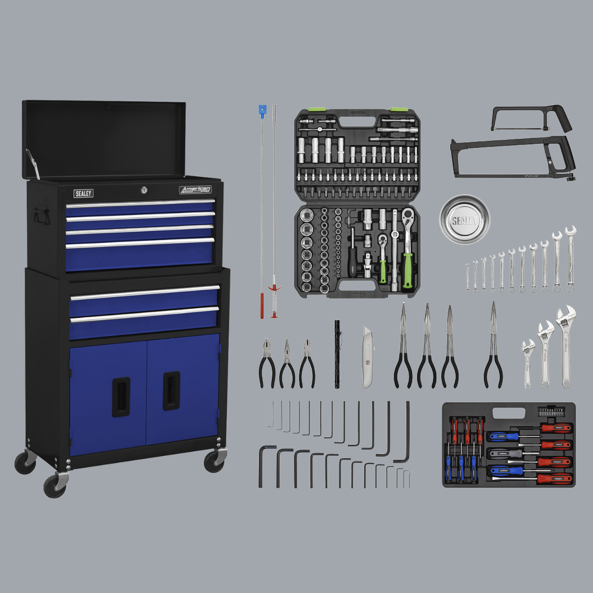 Sealey AP22BCOMBO American Pro Topchest & Rollcab Combination with 170 Piece Tool Kit, 6 Drawer, Blue/Black