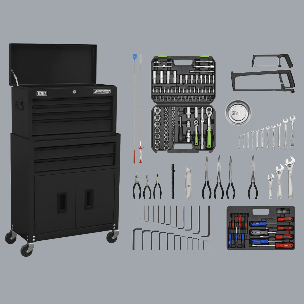 Sealey AP22BKCOMBO American Pro Topchest & Rollcab Combination with 170 Piece Tool Kit, 6 Drawer, Black