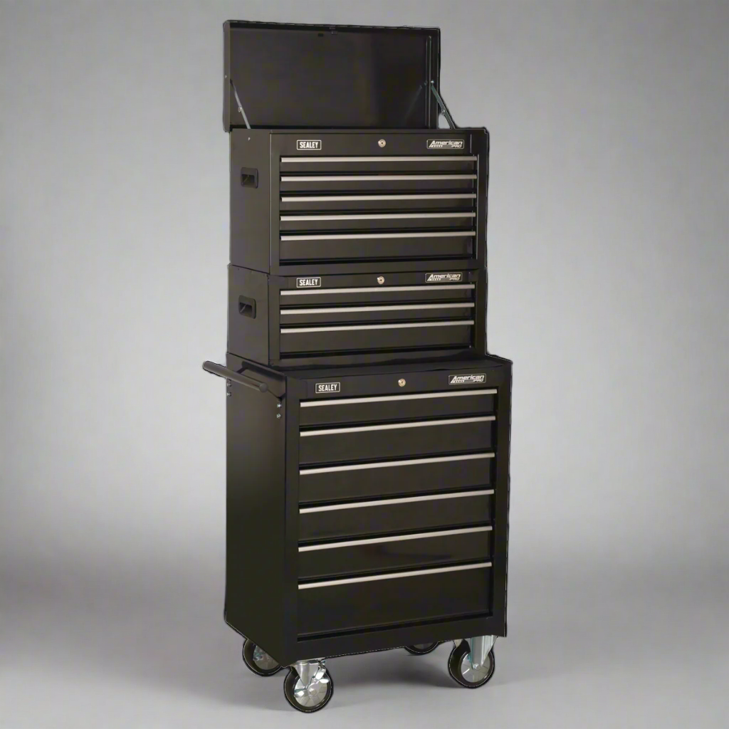 Sealey AP22BSTACK American Pro Topchest, Mid-Box Chest & Rollcab Stack with Ball-Bearing Slides, 14 Drawer, Black