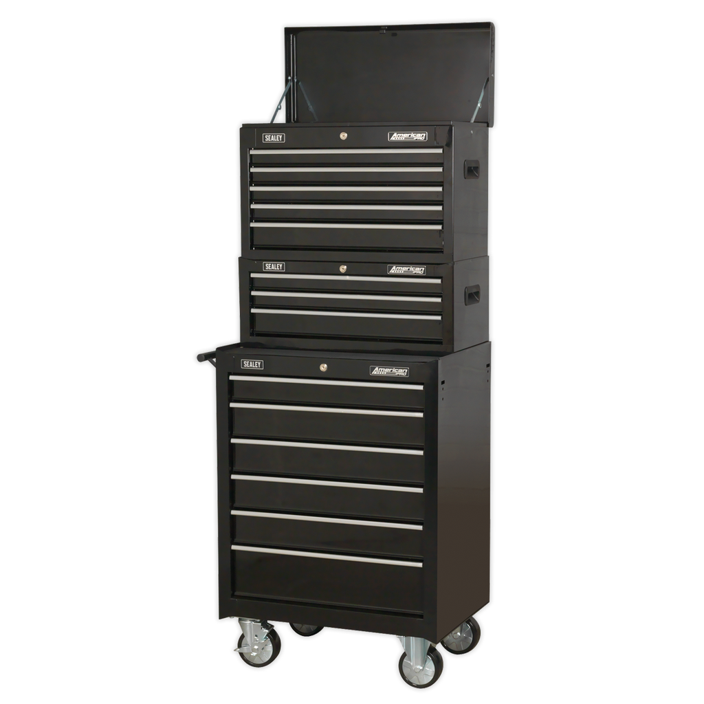 Sealey AP22BSTACK American Pro Topchest, Mid-Box Chest & Rollcab Stack with Ball-Bearing Slides, 14 Drawer, Black