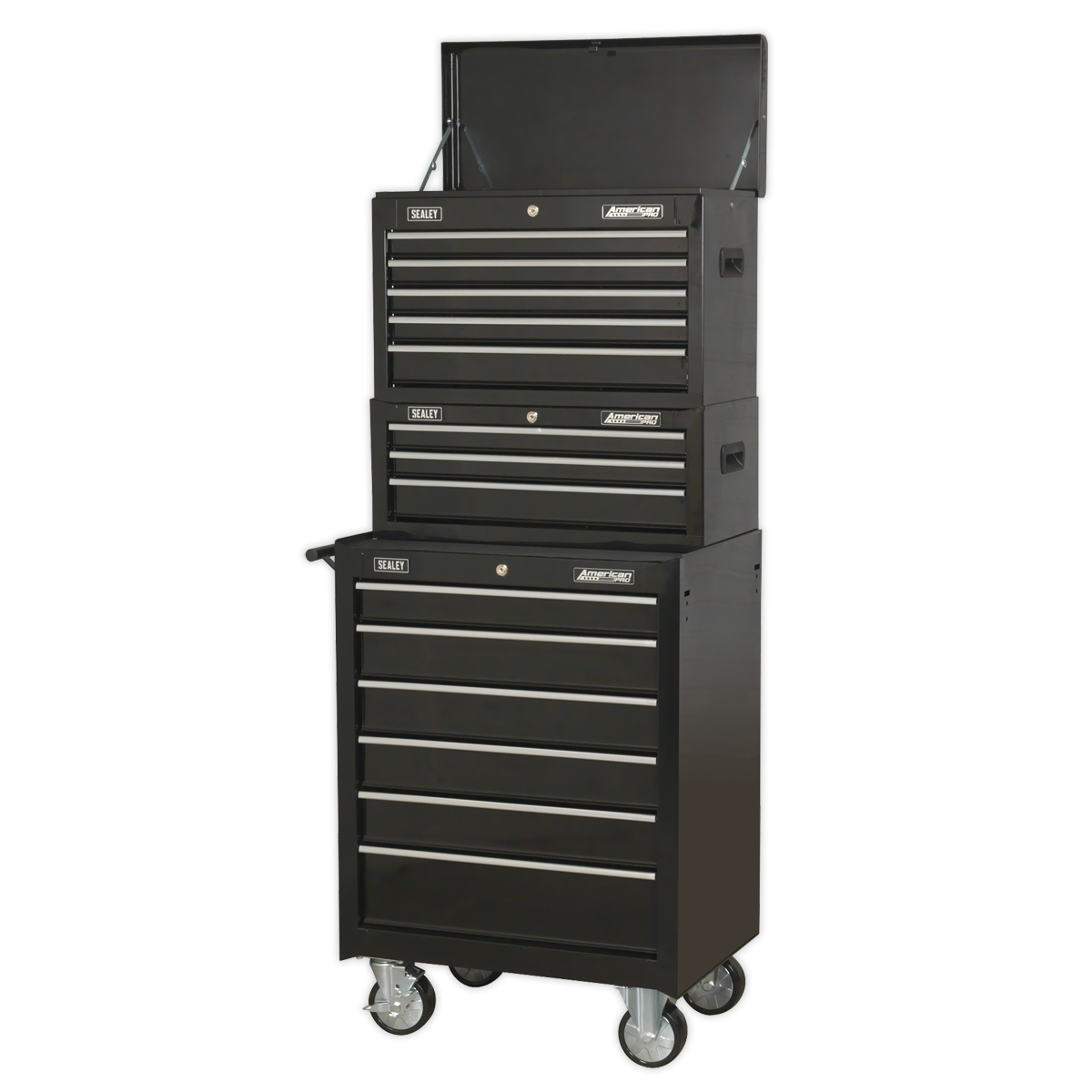 Sealey AP22BSTACK American Pro Topchest, Mid-Box Chest & Rollcab Stack with Ball-Bearing Slides, 14 Drawer, Black