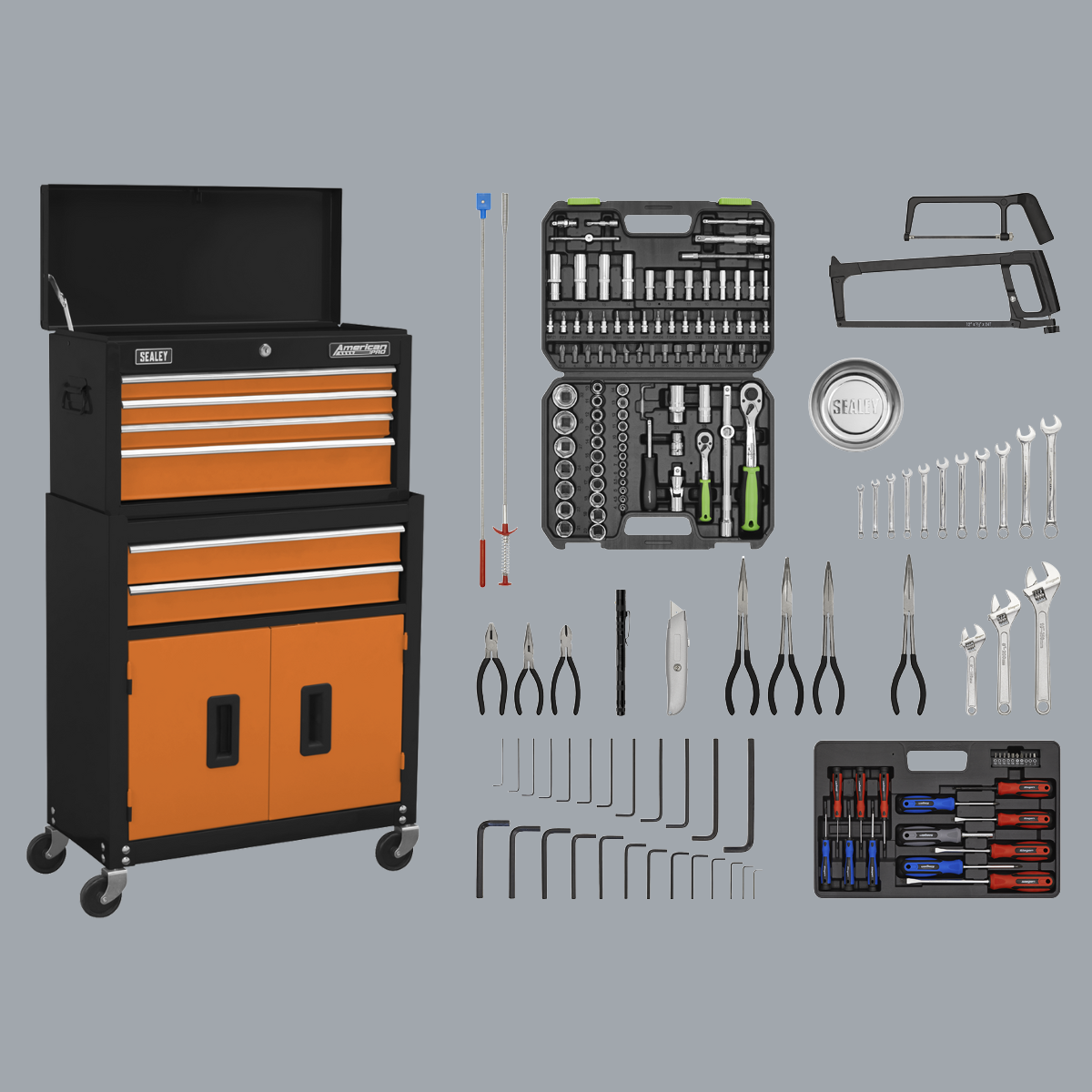 Sealey AP22OCOMBO American Pro Topchest & Rollcab Combination with 170 Piece Tool Kit, 6 Drawer, Orange/Black