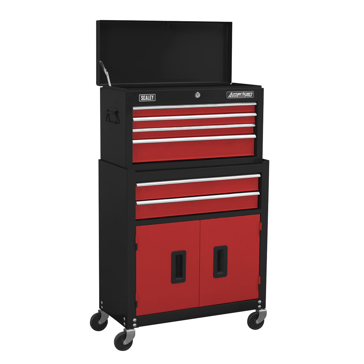 Sealey AP22R American Pro Topchest & Rollcab Combination with Ball Bearing Slides, 6 Drawer, Red/Black