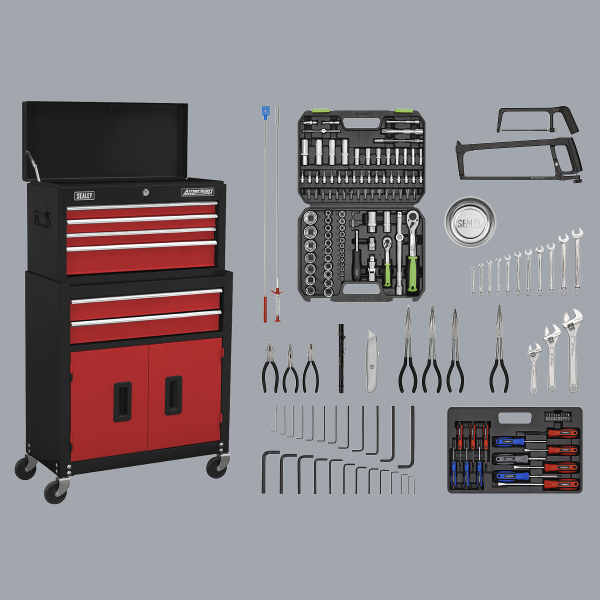 Sealey AP22RCOMBO American Pro Topchest & Rollcab Combination with 170 Piece Tool Kit, 6 Drawer, Red/Black