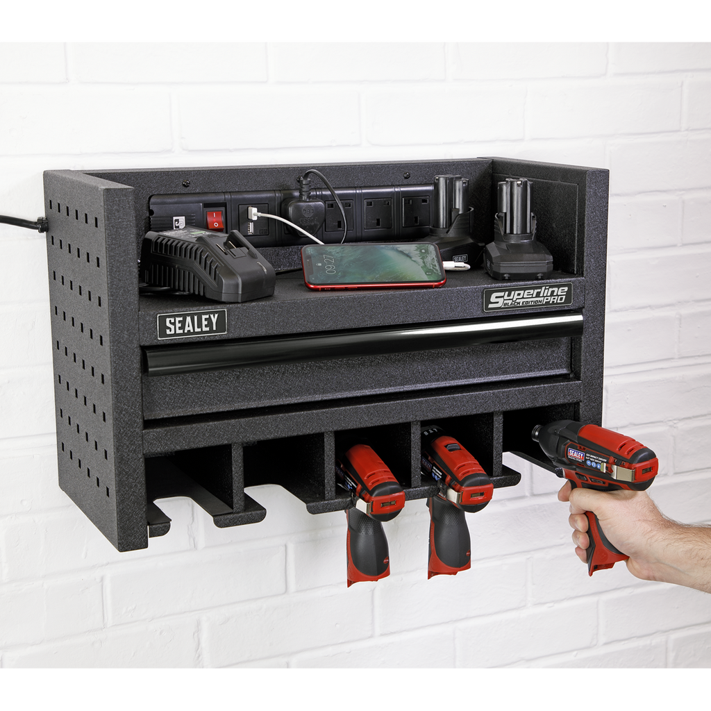 Superline PRO® Power Tool Storage Rack with Drawer & Power Bar (AP22SRBE)