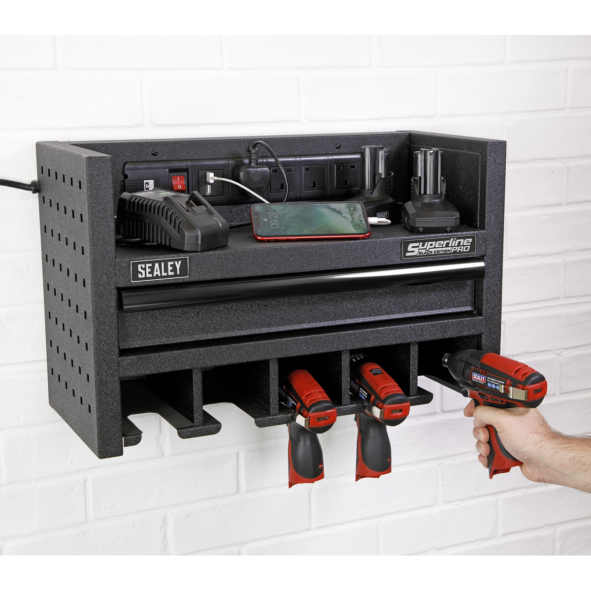 Superline PRO® Power Tool Storage Rack with Drawer & Power Bar