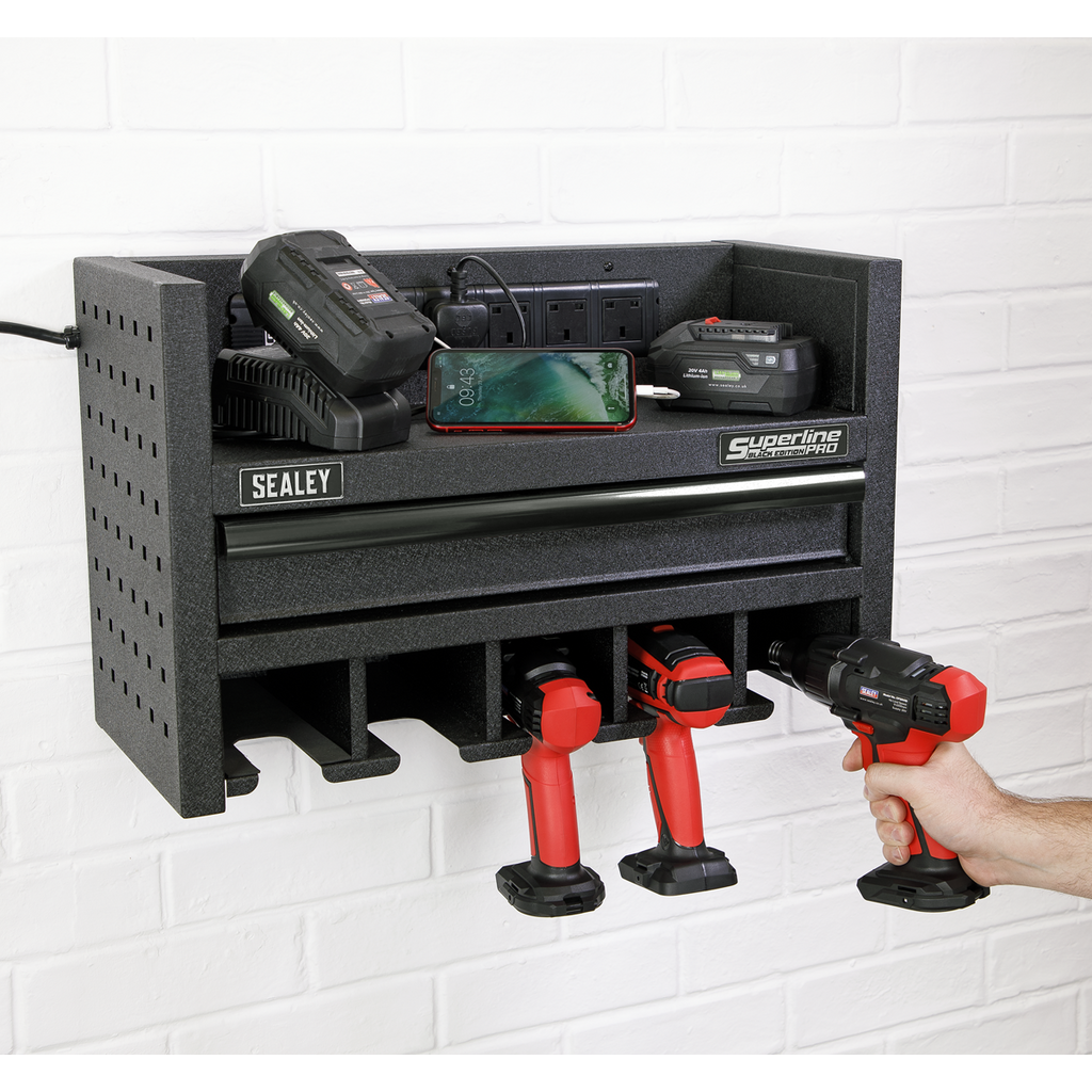 Superline PRO® Power Tool Storage Rack with Drawer & Power Bar (AP22SRBE)
