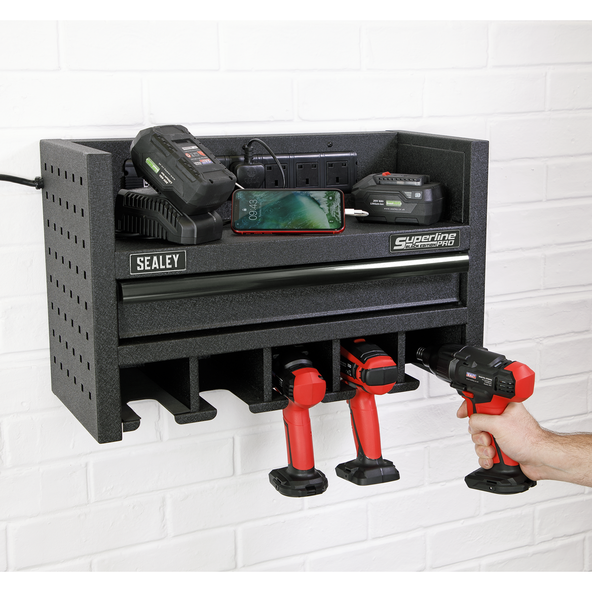 Superline PRO® Power Tool Storage Rack with Drawer & Power Bar (AP22SRBE)