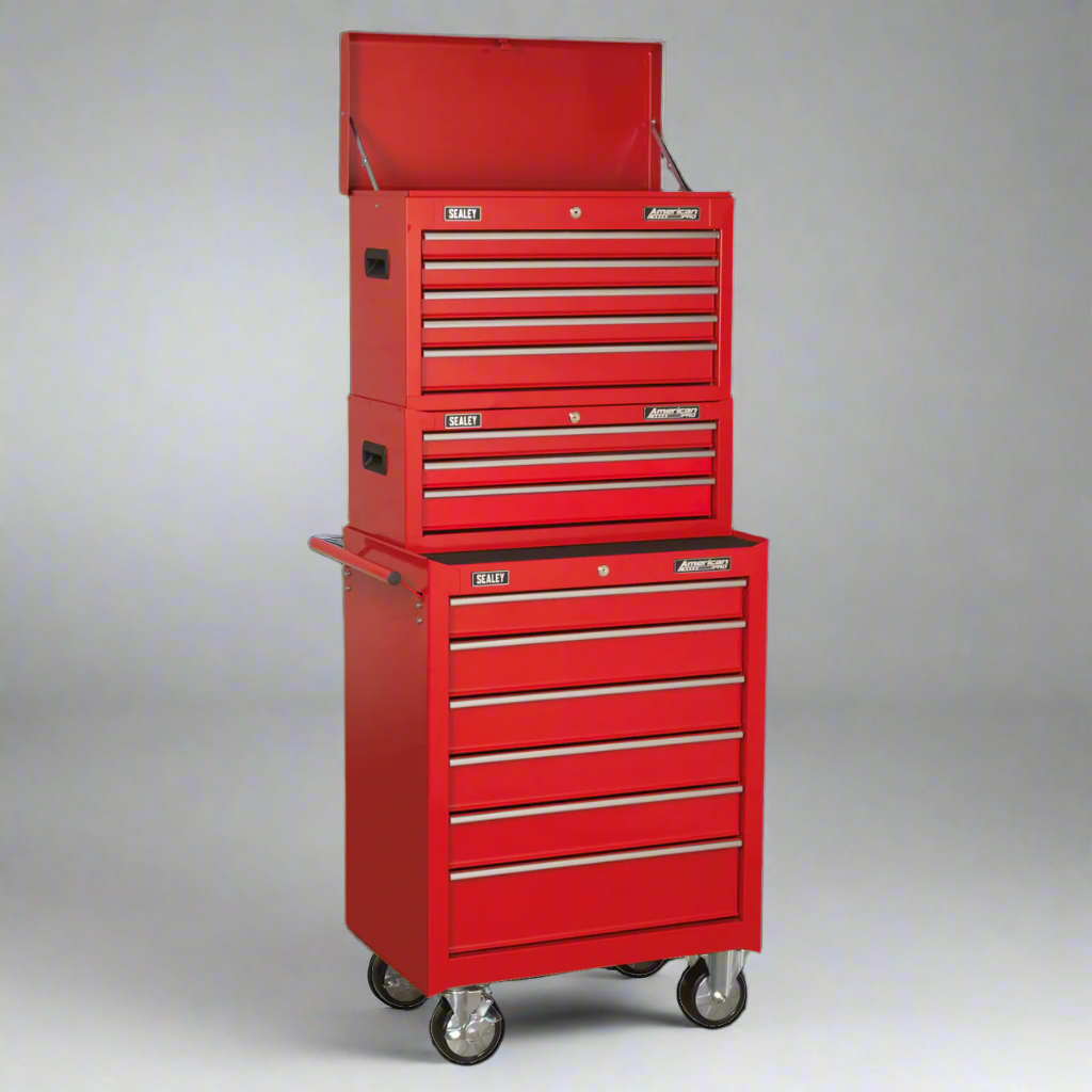 Sealey AP22STACK American Pro Topchest, Mid-Box Chest & Rollcab Stack with Ball-Bearing Slides, 14 Drawer, Red