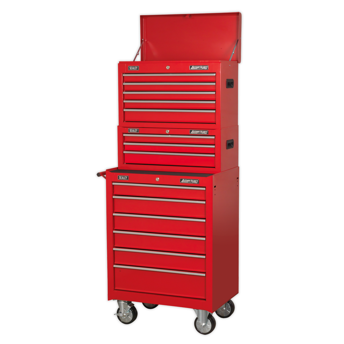 Sealey AP22STACK American Pro Topchest, Mid-Box Chest & Rollcab Stack with Ball-Bearing Slides, 14 Drawer, Red