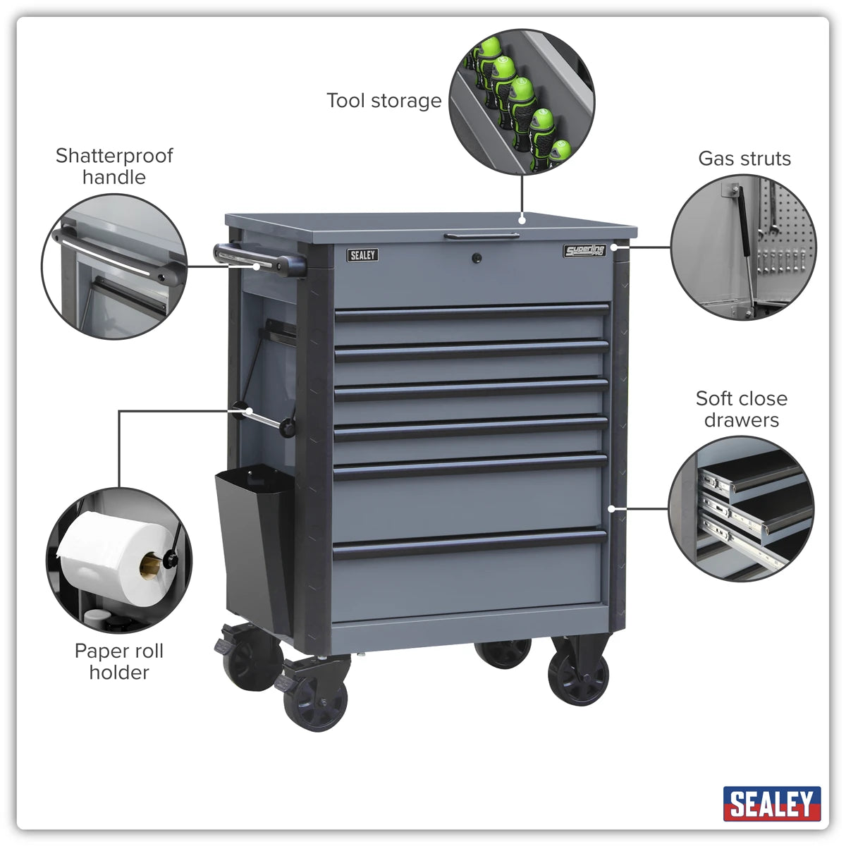 Superline PRO® Mobile Heavy-Duty Tool Trolley, 6 Drawer, Grey (AP266G)