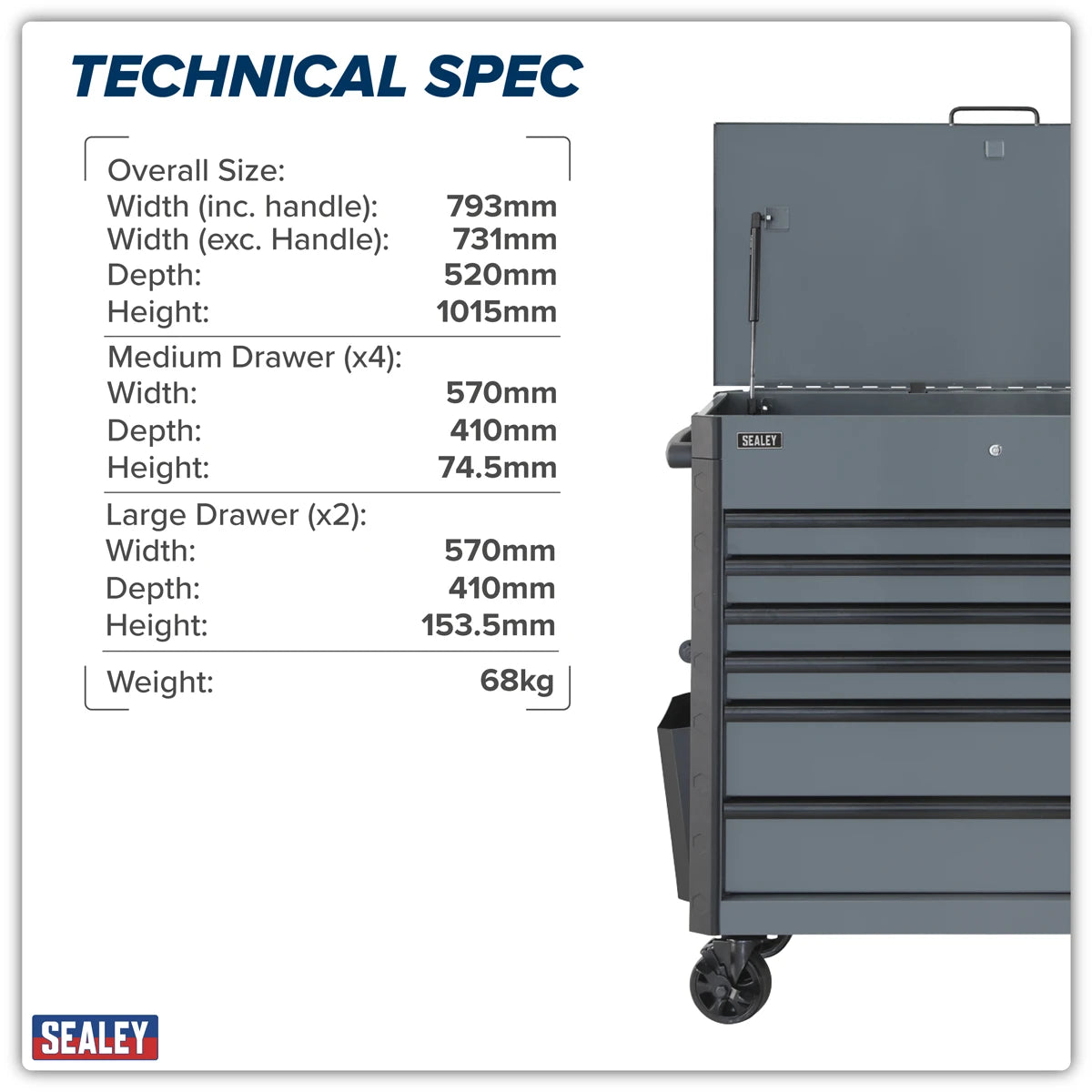 Superline PRO® Mobile Heavy-Duty Tool Trolley, 6 Drawer, Grey (AP266G)