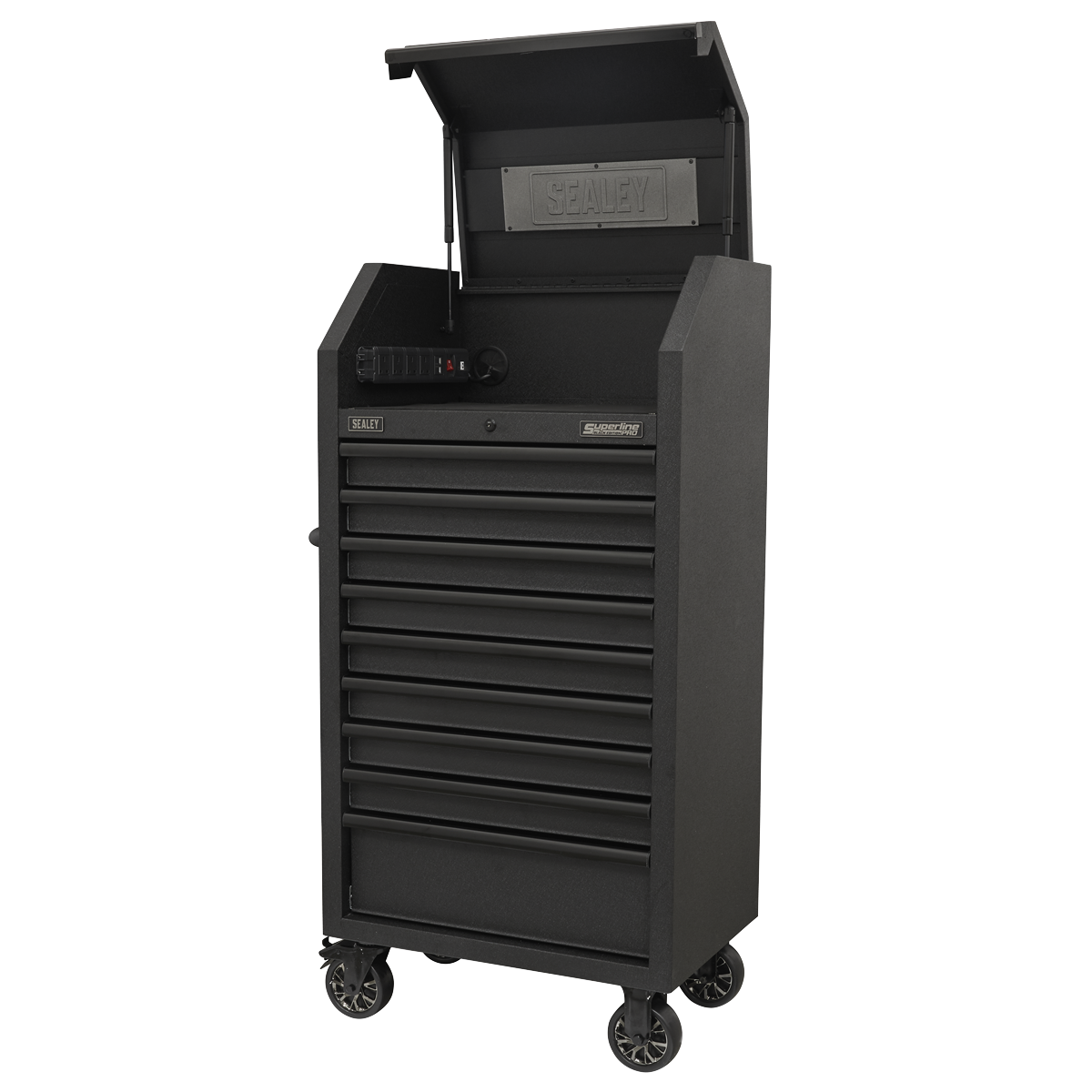 Superline PRO® Black Edition Tower Cabinet with 9 Soft Close Drawers & Power Strip 690mm