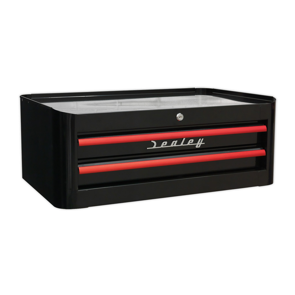 Premier™ Retro Style Mid-Box Tool Chest 2 Drawer - Black with Red Anodised Drawer Pulls