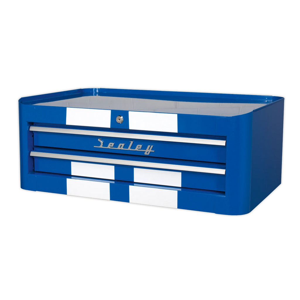 Premier™ Retro Style Mid-Box Tool Chest 2 Drawer - Blue with White Stripes