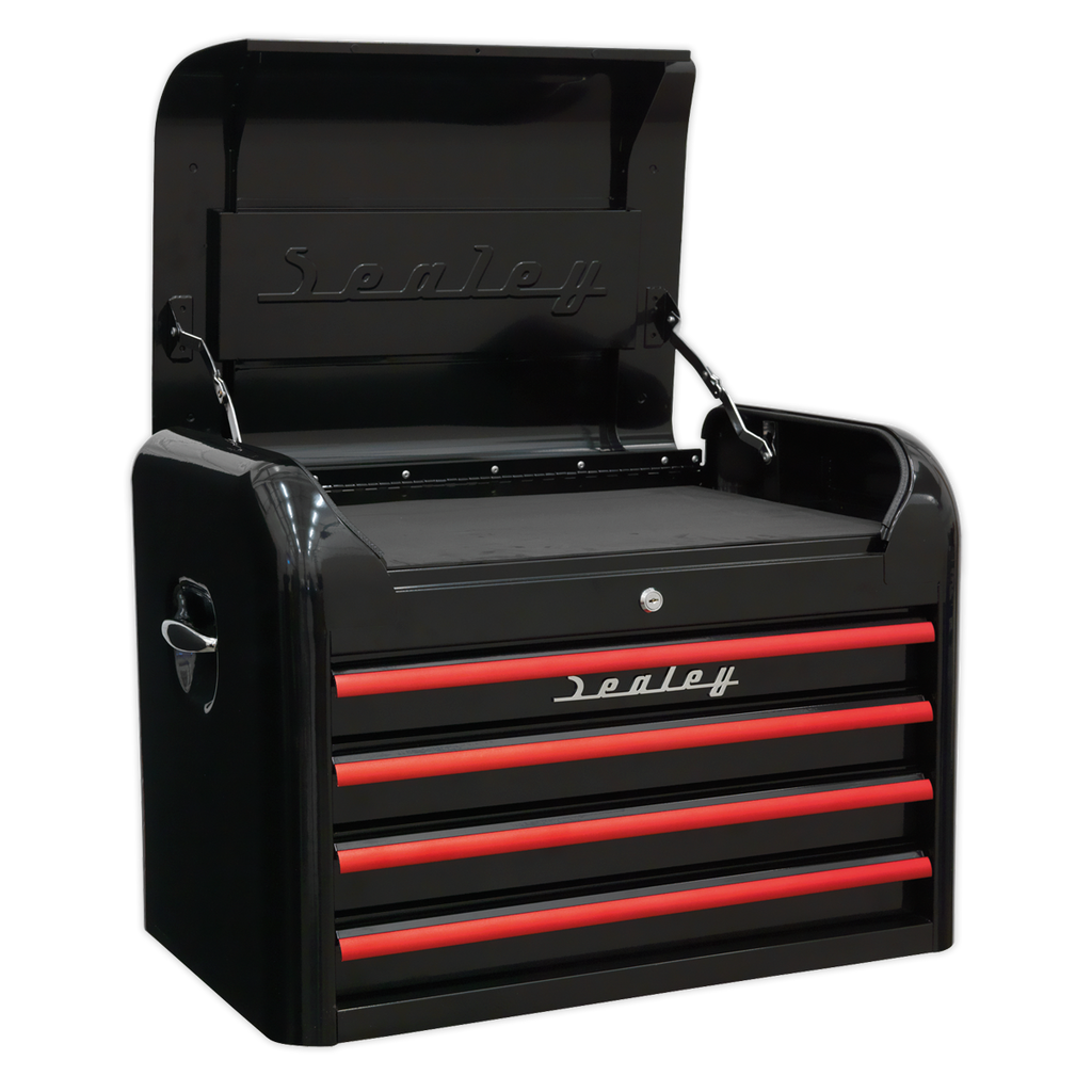 Premier™ Retro Style Topchest 4 Drawer - Black with Red Anodised Drawer Pulls