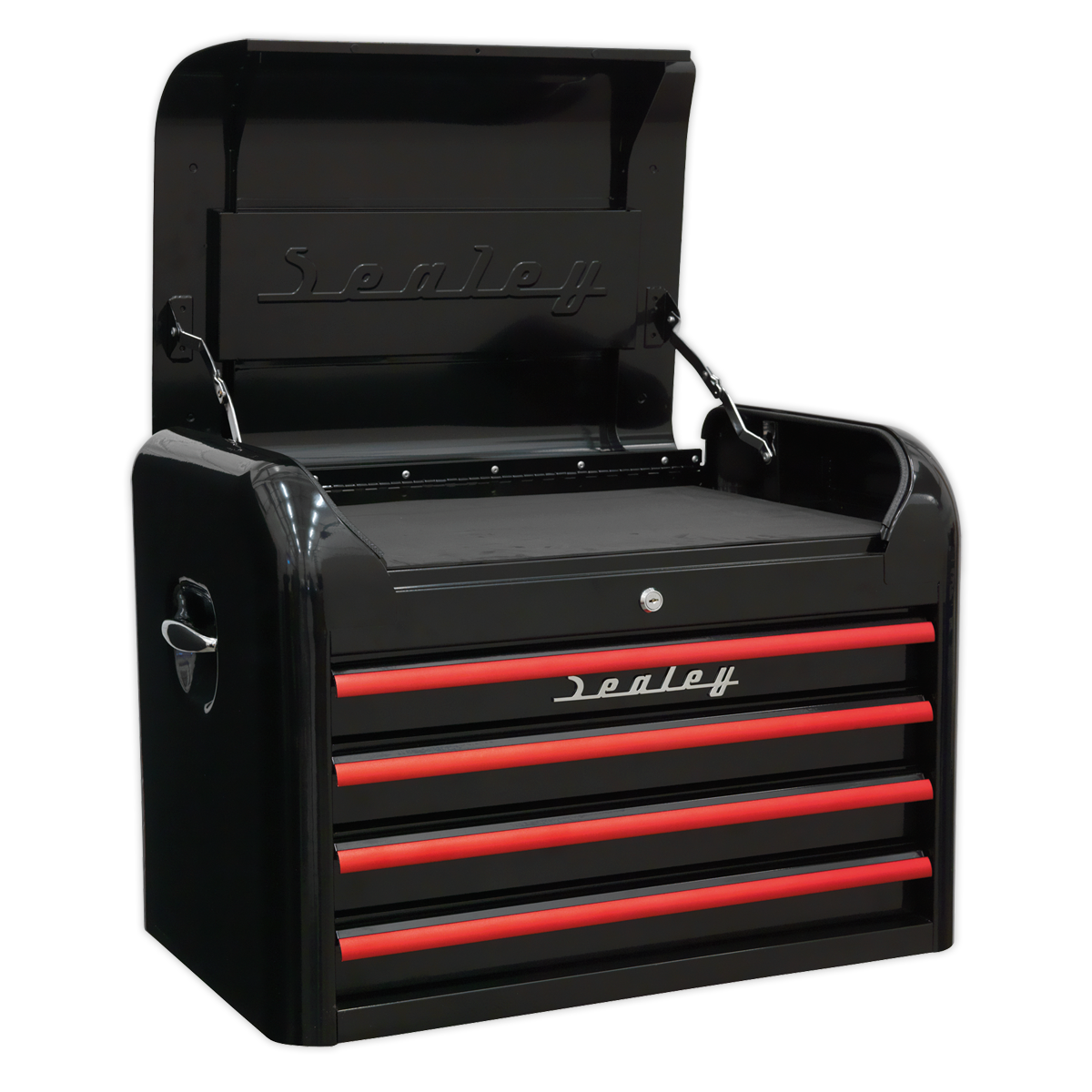 Premier™ Retro Style Topchest 4 Drawer - Black with Red Anodised Drawer Pulls
