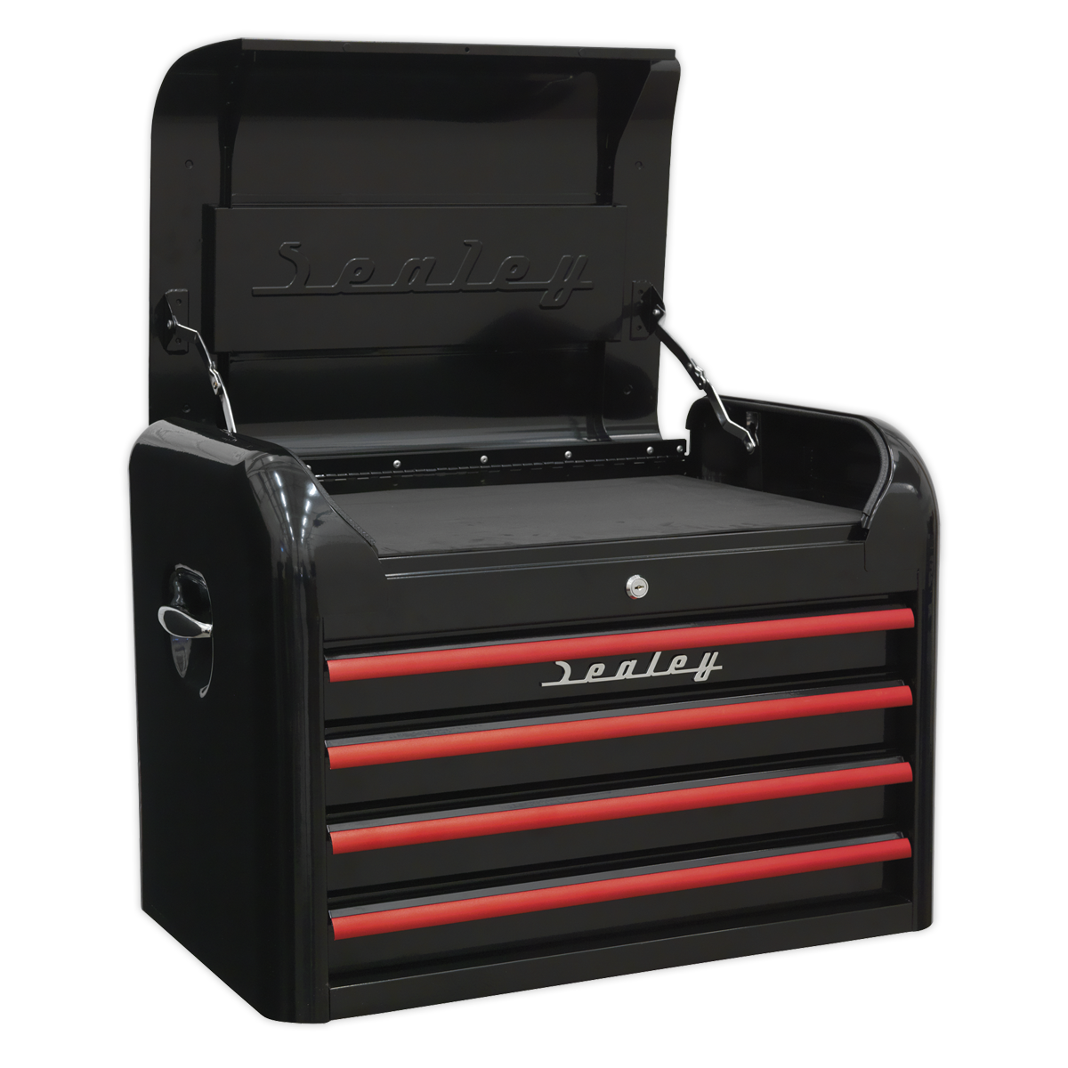 Premier™ Retro Style Topchest 4 Drawer - Black with Red Anodised Drawer Pulls