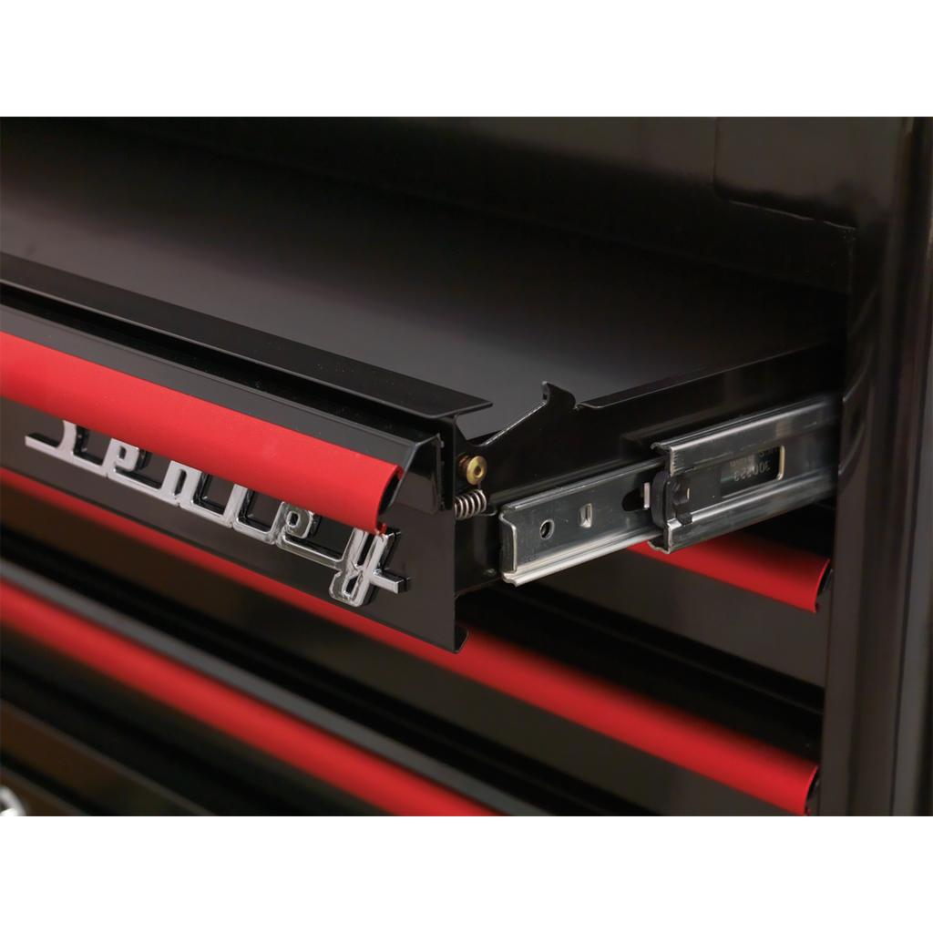 Premier™ Retro Style Wide Rollcab 6 Drawer - Black with Red Anodised Drawer Pulls