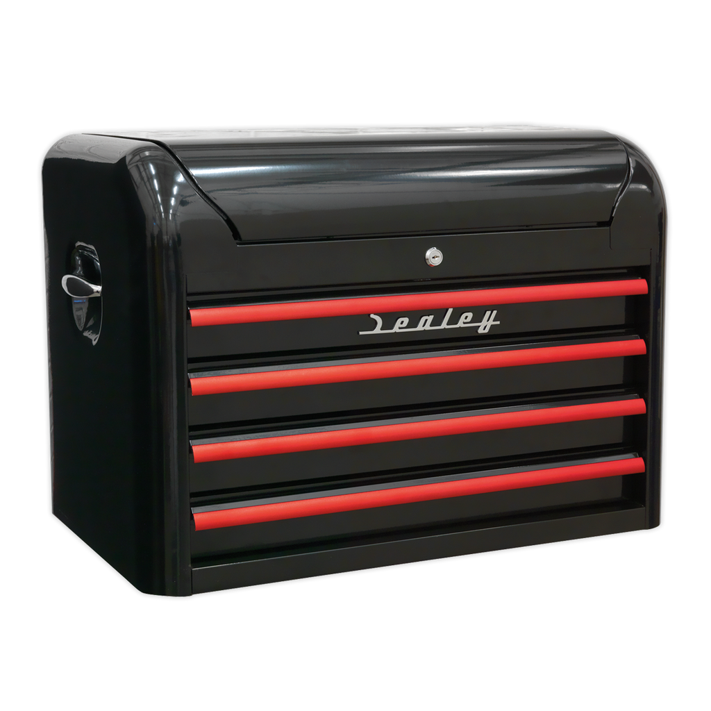 Premier™ Retro Style Topchest 4 Drawer - Black with Red Anodised Drawer Pulls