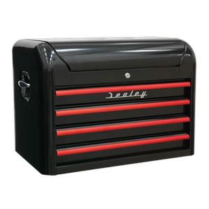 Premier™ Retro Style Topchest 4 Drawer - Black with Red Anodised Drawer Pulls